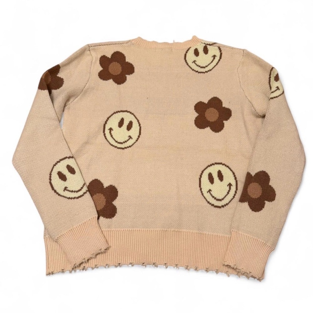 Miss Sparkling Happy Face Boho Sweater Women’s Medium Retro Smiley Twee Brown - Picture 4 of 6